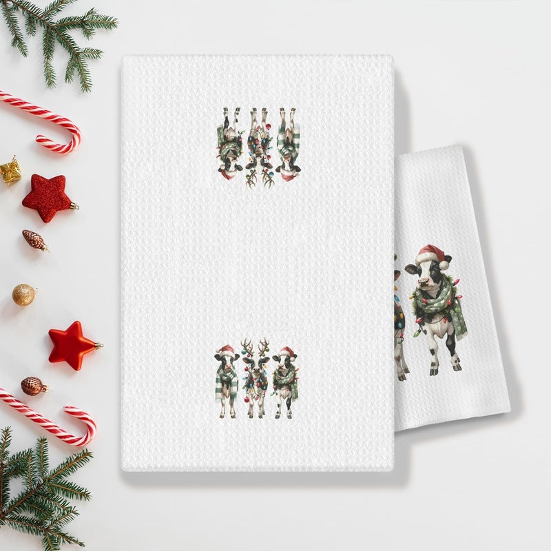 COWEB Christmas Cow Kitchen Towels, Funny Cow Decorative Hand Towels for Bathroom, Cows Gifts for Woman Cows Lovers, Christmas Tea Towels Dish Towels Kitchen Decor, 16x24 Inch - Image 2